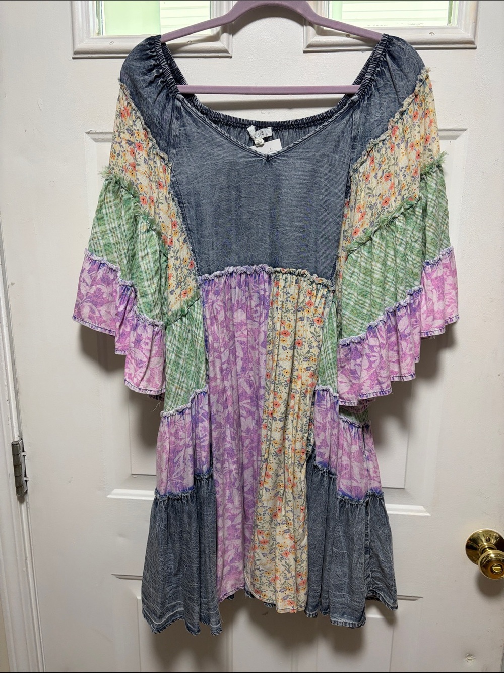 Oli & Hali Lavender, Green and Denim Patchwork Midi Dress